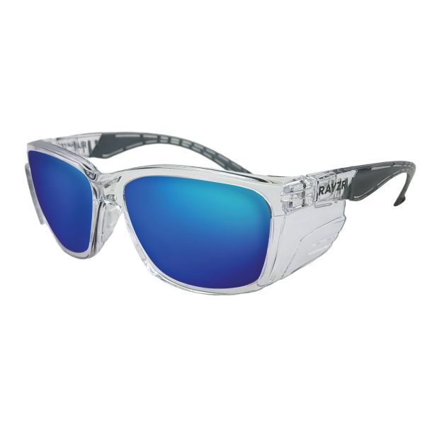 MAXISAFE Rayzr Safety Glasses - Clear Frame - Blue Mirror Polarised ERZ360