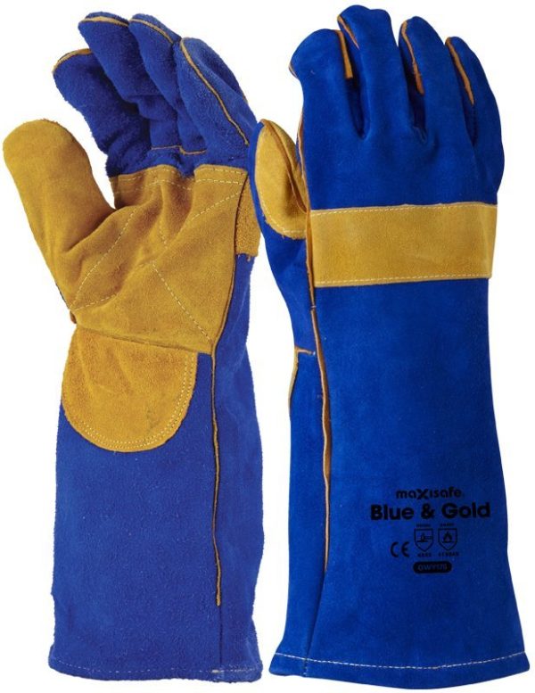 MAXISAFE BLUE & GOLD WELDERS GAUNTLET, REINFORCED & CROSS-STITCHED GWY175